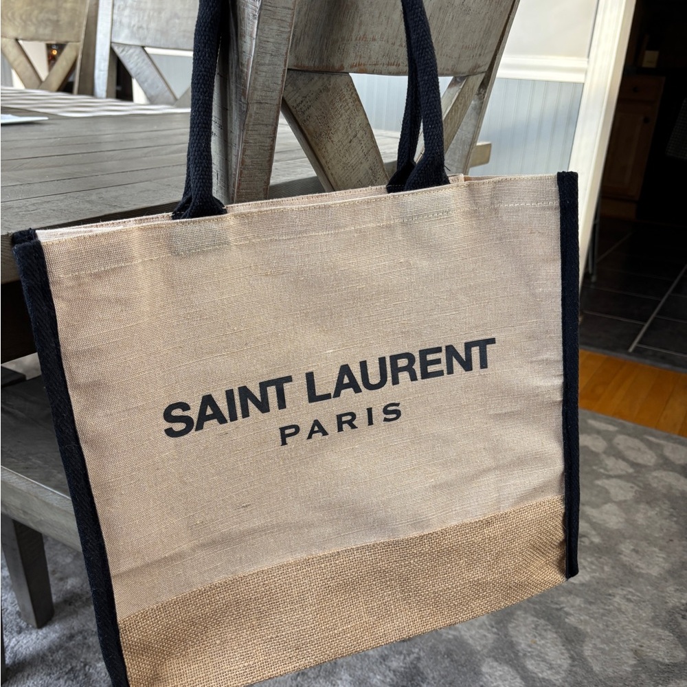 Saint Laurent Beige and Black Canvas Tote